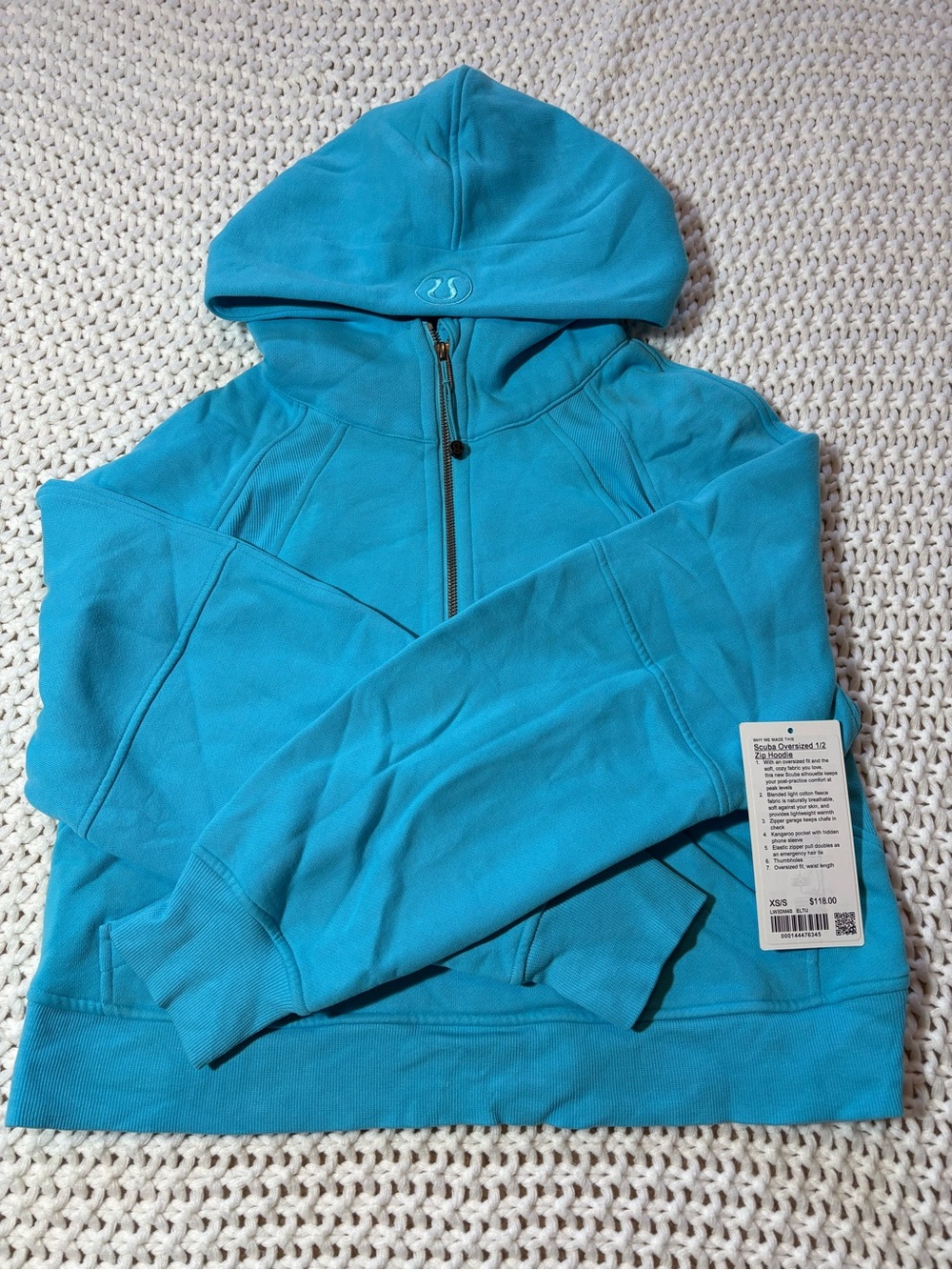 lululemon electric turquoise scuba oversized 1/2 zip hoodie size xs/s